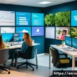Home 21 바이럴 영상 마케팅 전략 - A vibrant digital marketing office scene showing a diverse creative team brainstorming viral video i...