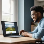 Home 23 무료 영상 편집 프로그램 - A bright and modern home workspace with a young adult casually editing a video on a sleek laptop, sh...